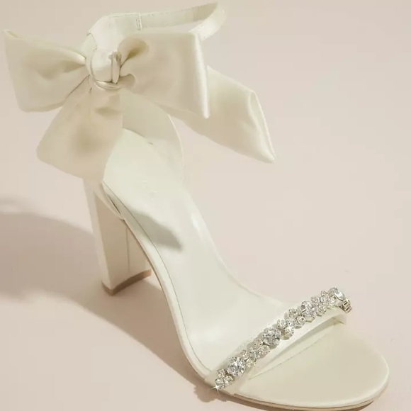 Oleg Cassini Cream Satin Bow Block Heel Sandals with Crystal Strap - Picture 3 of 8
